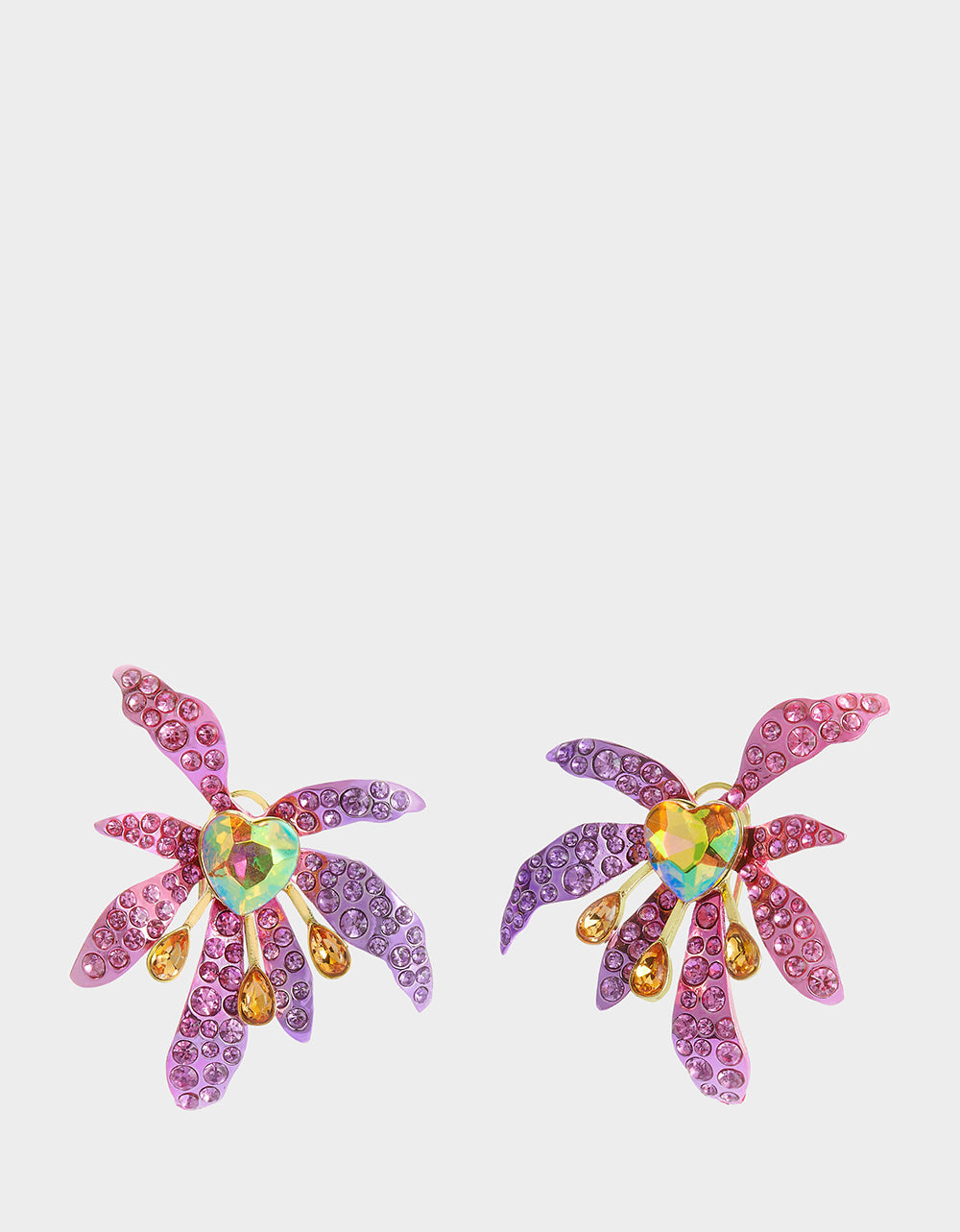 Purple Iris Flower Stud Earrings with Gem Accents - Gold Tone