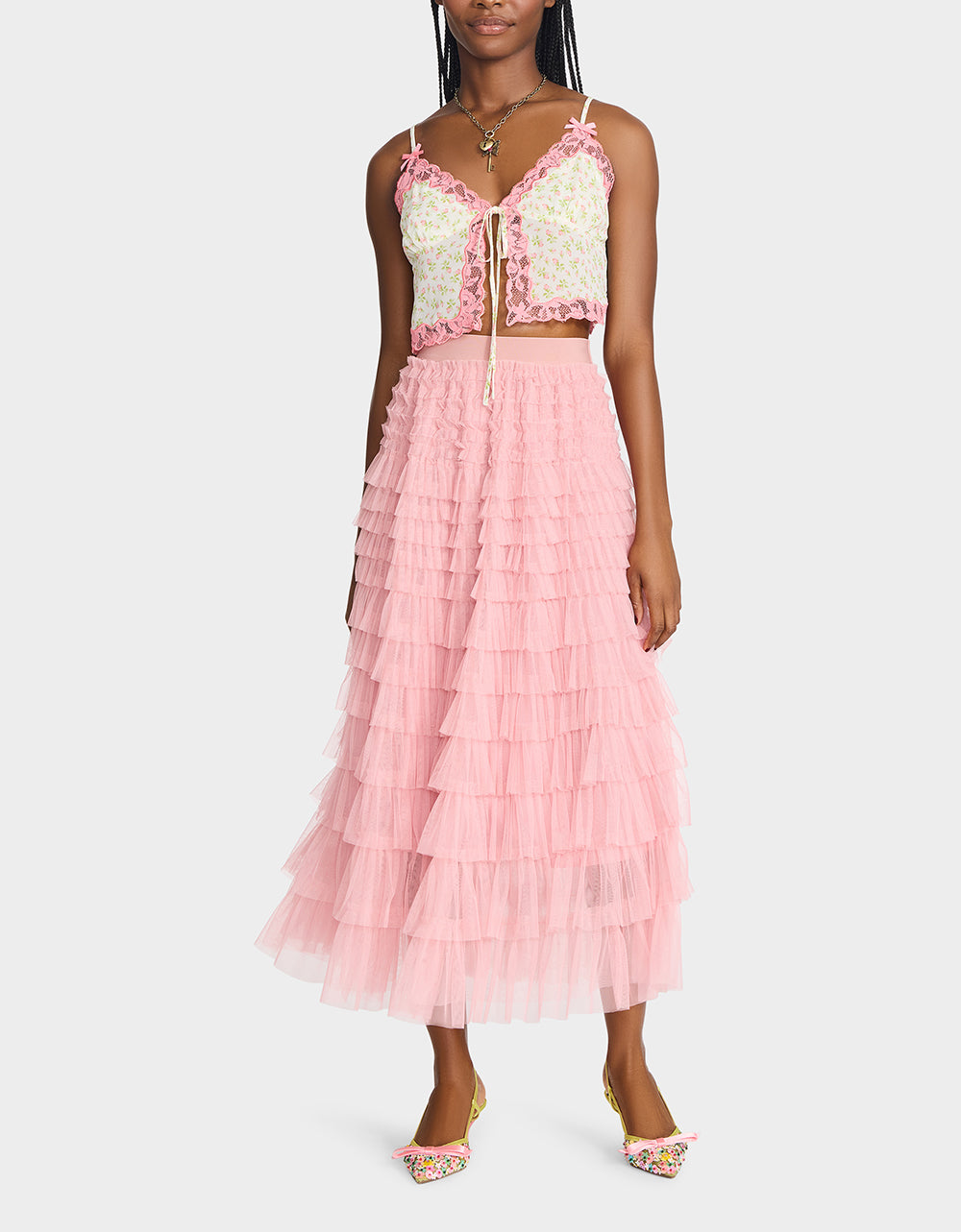 Betsey Johnson Colette Pink Tulle Maxi Skirt with Ruffles