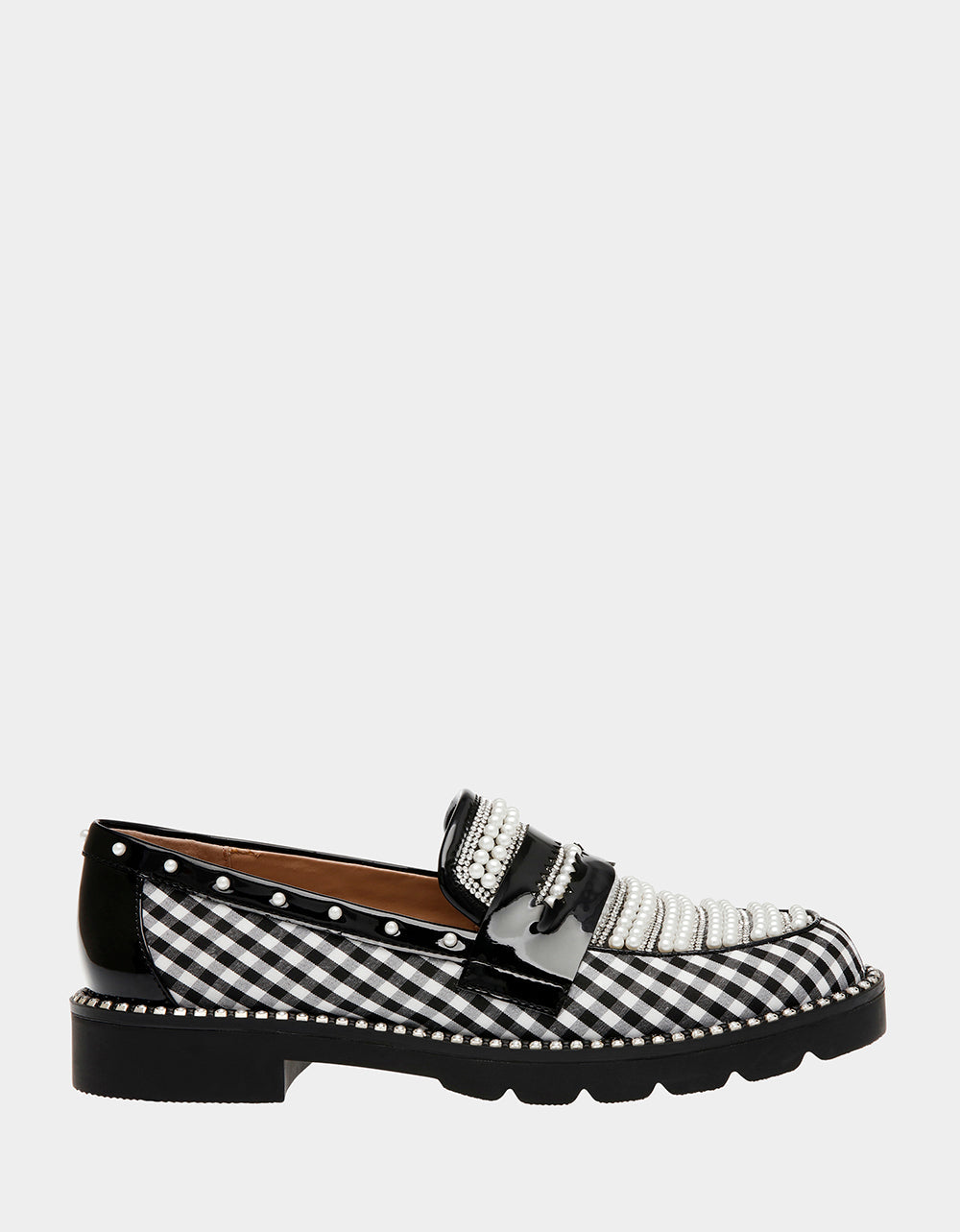 Betsey Johnson Darian Black & White Gingham Loafers with Pearls