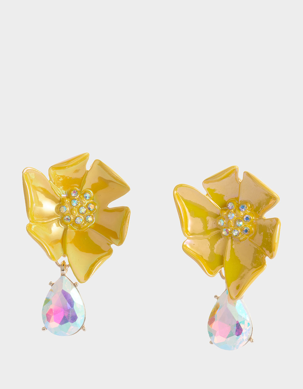 Yellow Floral Drop Earrings with Iridescent Stone - Gold Post Back