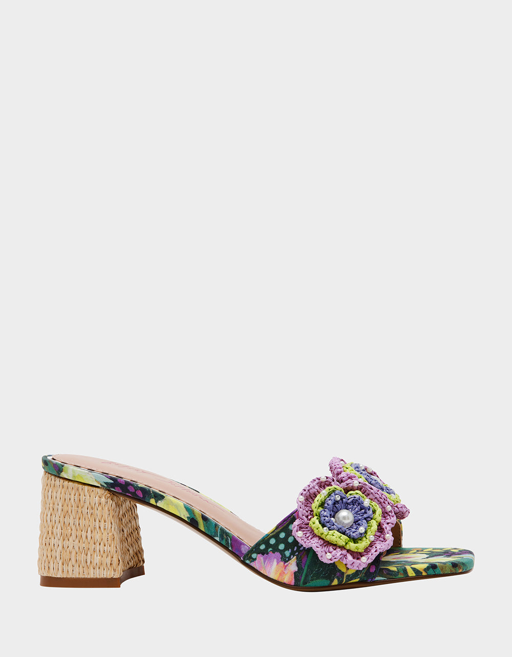 Betsey Johnson Dietrich Block Heel Mule with Macrame Flowers
