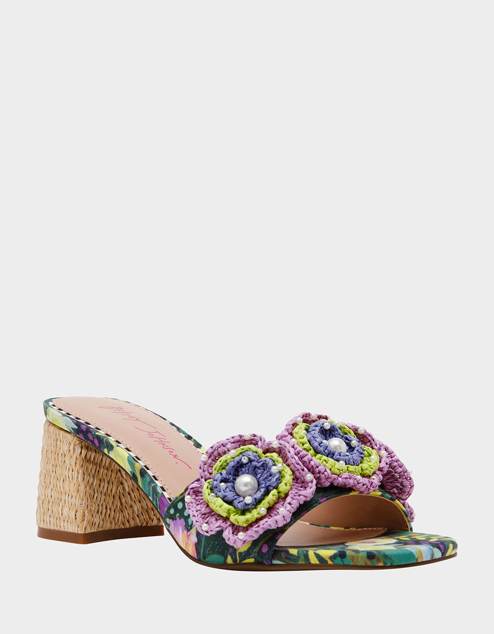 Betsey Johnson Dietrich Block Heel Mule with Macrame Flowers