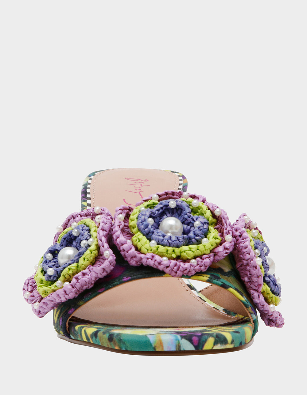 Betsey Johnson Dietrich Block Heel Mule with Macrame Flowers