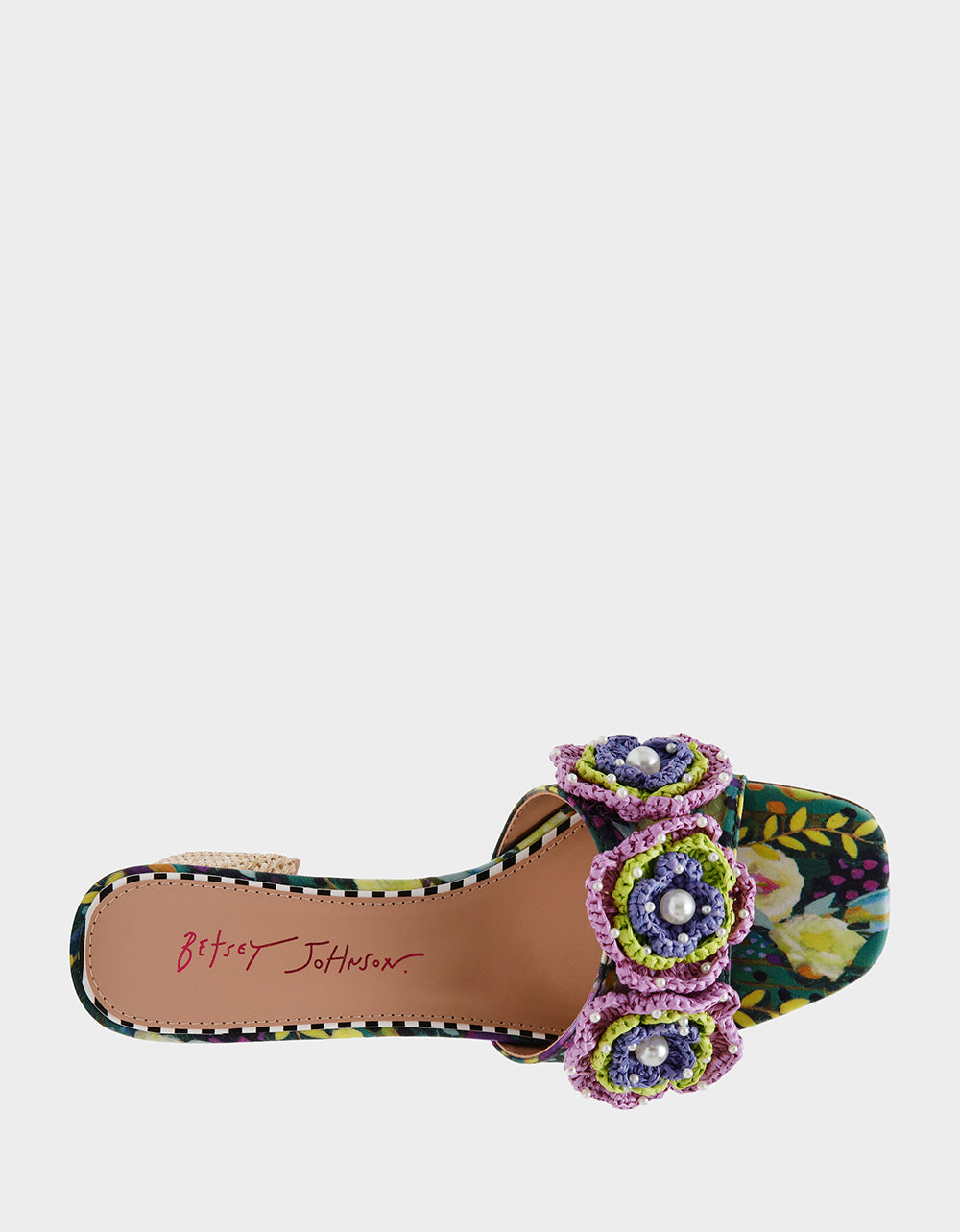 Betsey Johnson Dietrich Block Heel Mule with Macrame Flowers