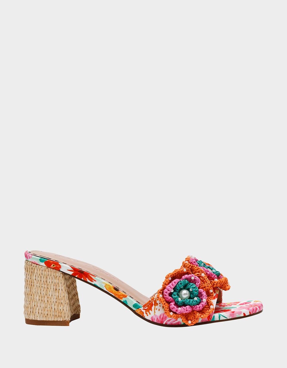 Betsey Johnson Dietrich White Macrame Flower Block Heel Mules
