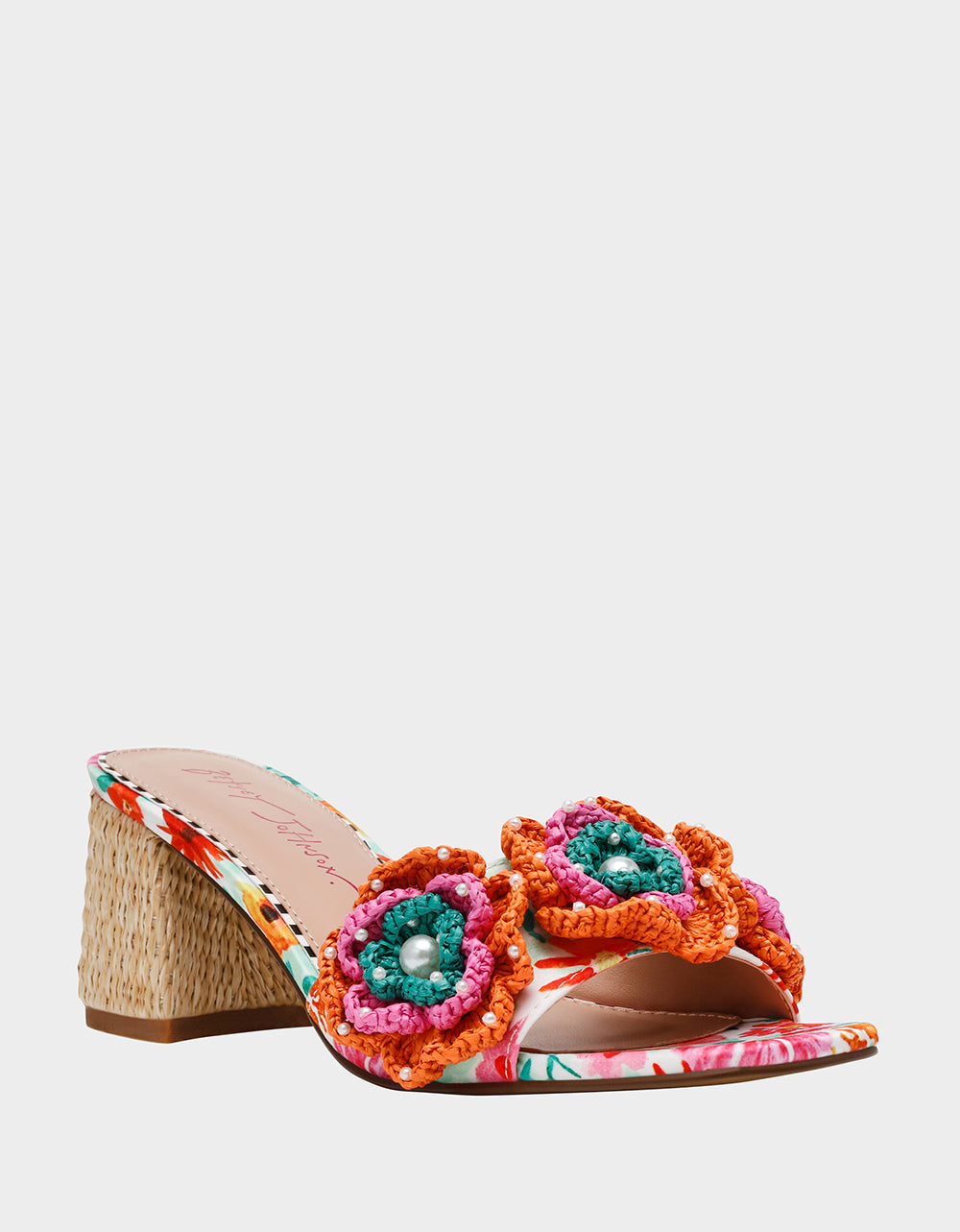 Betsey Johnson Dietrich White Macrame Flower Block Heel Mules