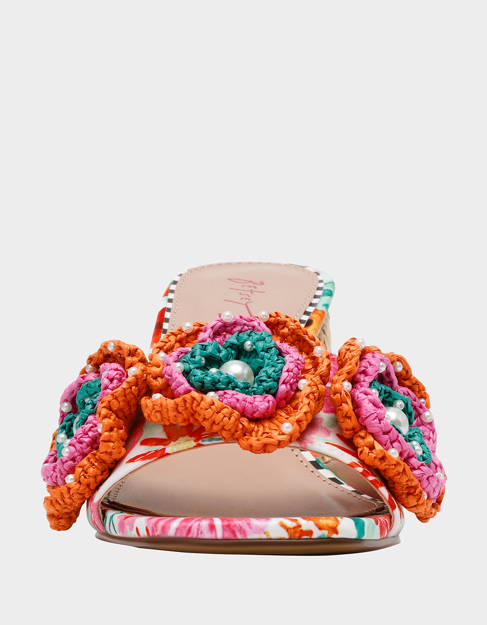 Betsey Johnson Dietrich White Macrame Flower Block Heel Mules