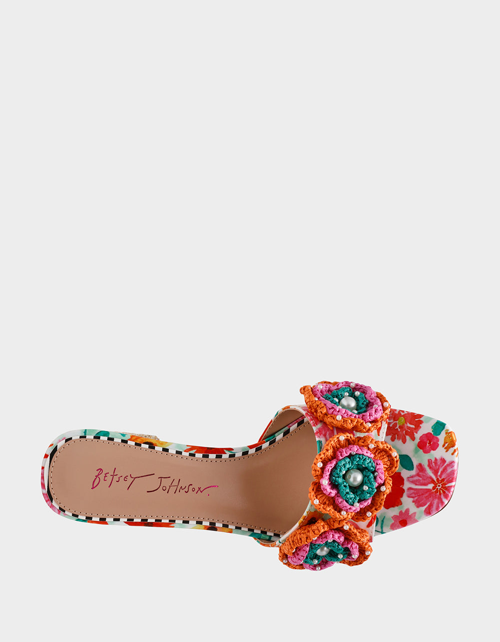Betsey Johnson Dietrich White Macrame Flower Block Heel Mules
