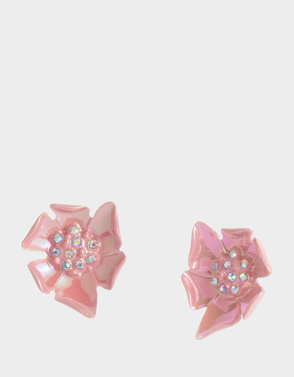 Pink Floral Stud Earrings with Crystal Accents - Gold Post Back