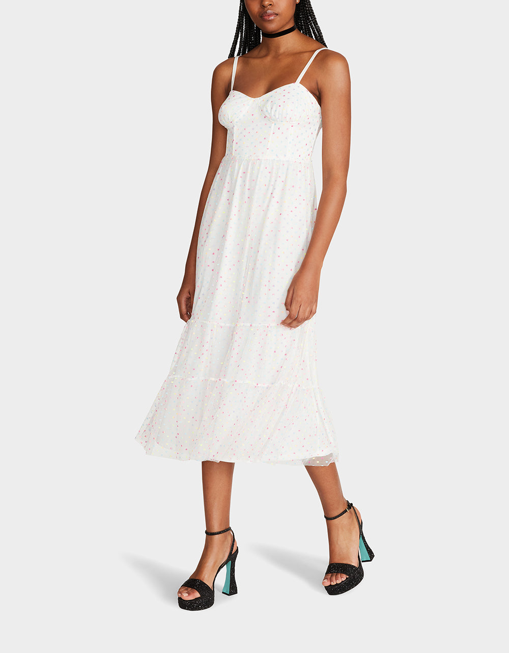 White Polka Dot Corset Midi Dress with Adjustable Straps
