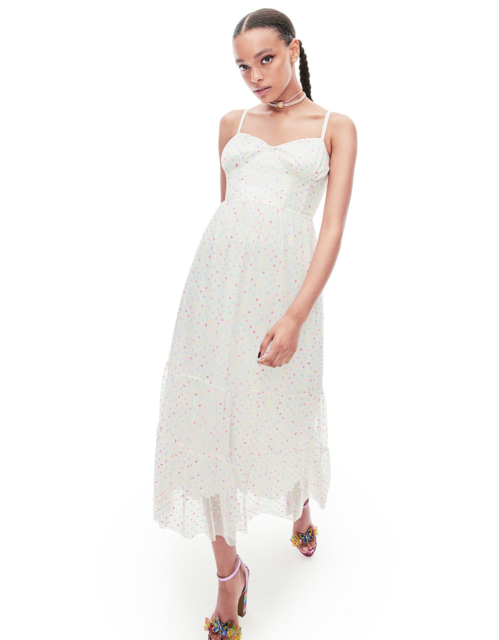 White Corset Midi Dress with Polka Dot Mesh - RE:LUV