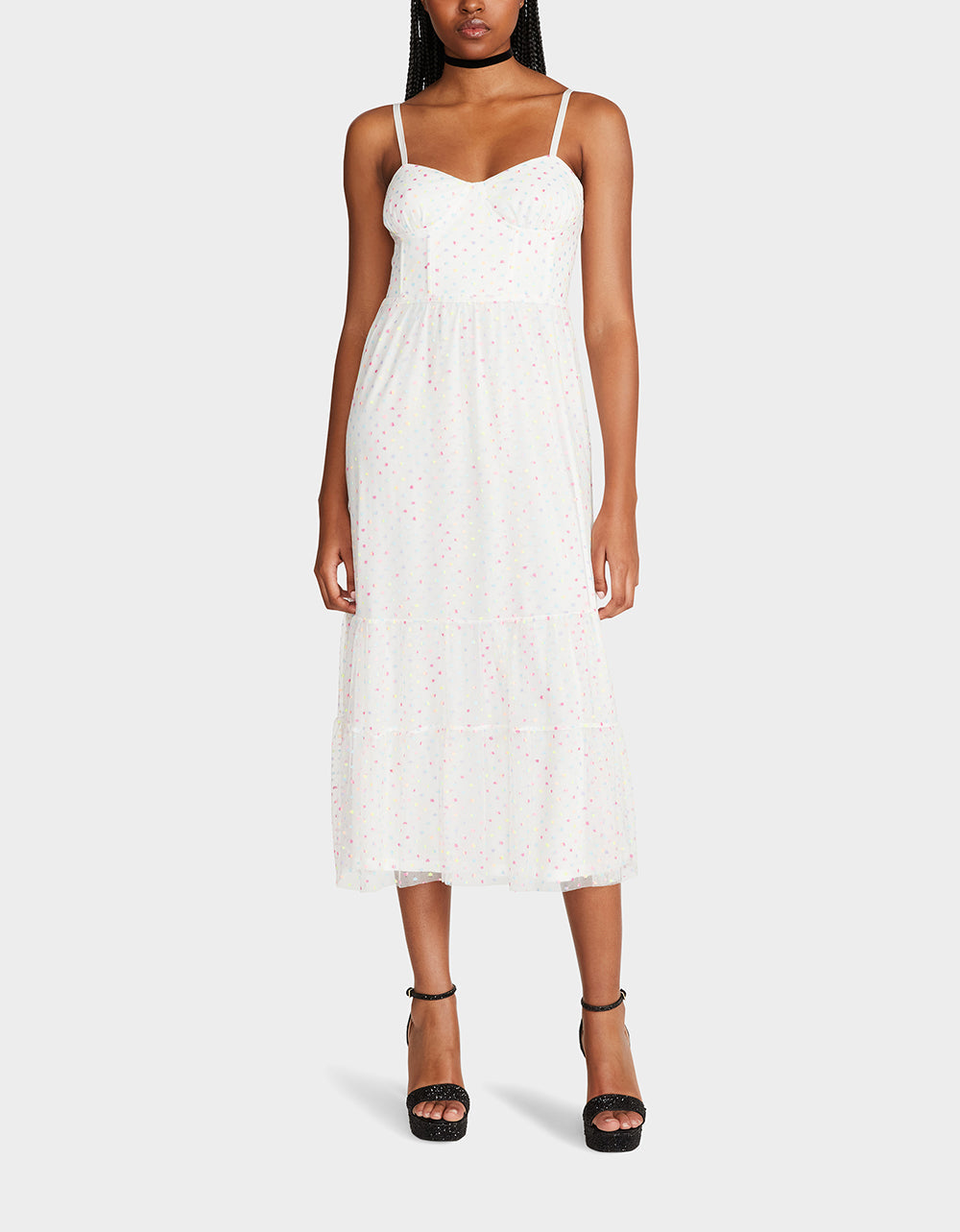 White Corset Midi Dress with Polka Dot Mesh - RE:LUV