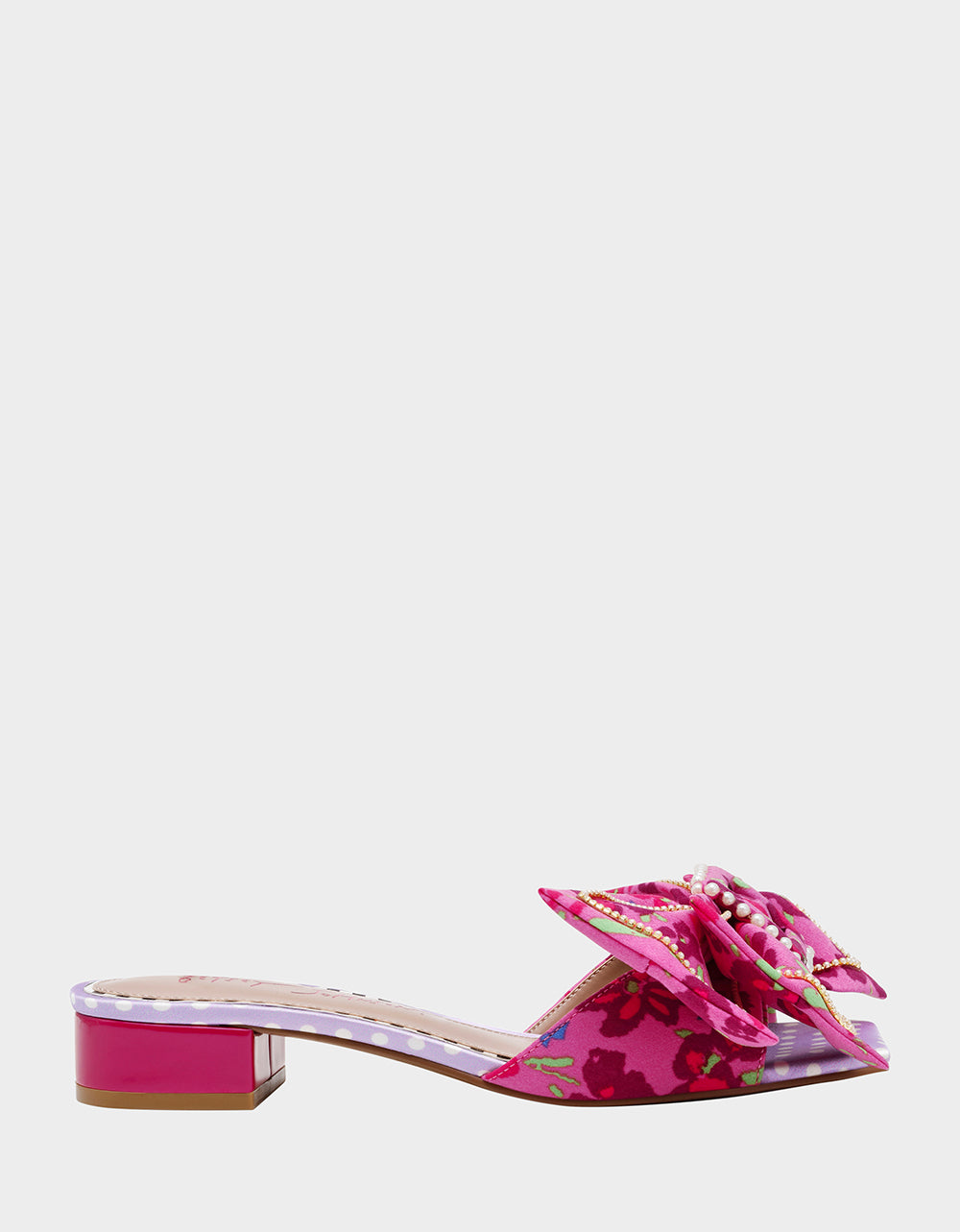 Betsey Johnson Garnet Pink Floral Block Heel Sandals with Pearl Bow