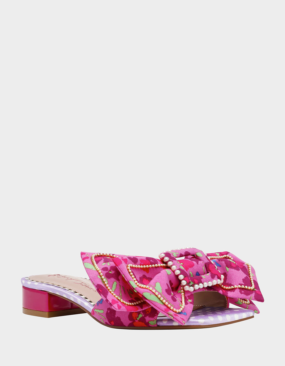 Betsey Johnson Garnet Pink Floral Block Heel Sandals with Pearl Bow
