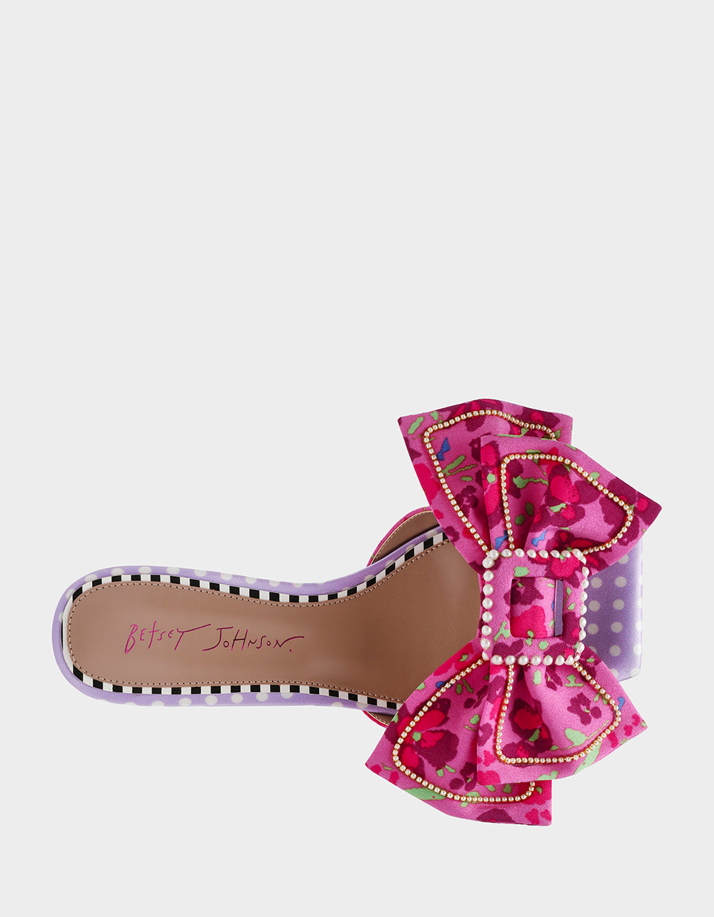Betsey Johnson Garnet Pink Floral Block Heel Sandals with Pearl Bow