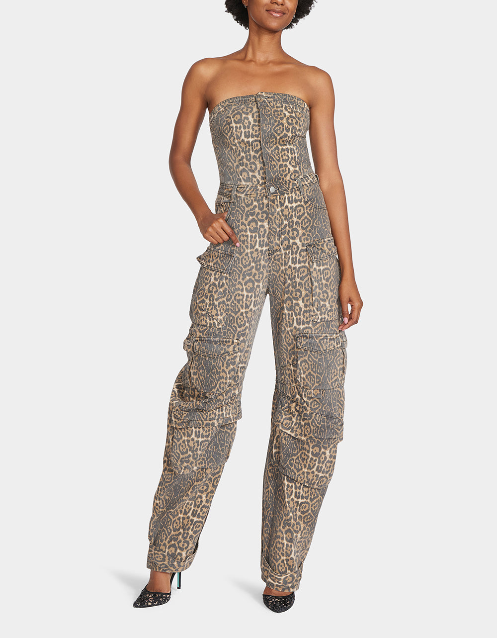 Leopard Print Cargo Jumpsuit - Strapless Wide Leg Romper with Pockets