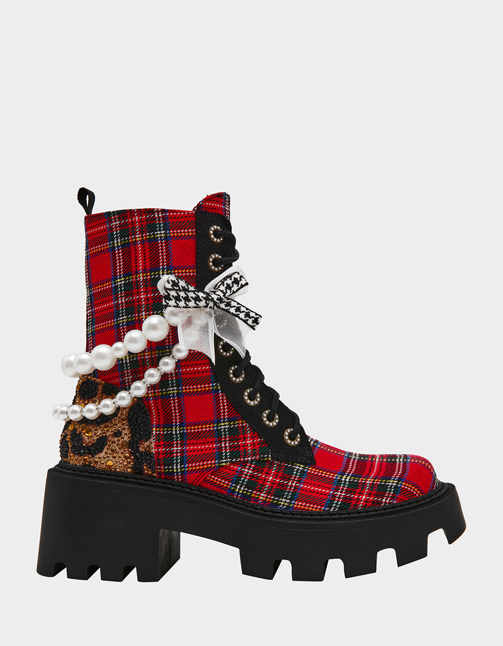 Betsey Johnson Hariett Red Plaid Combat Boots with Bow Detail