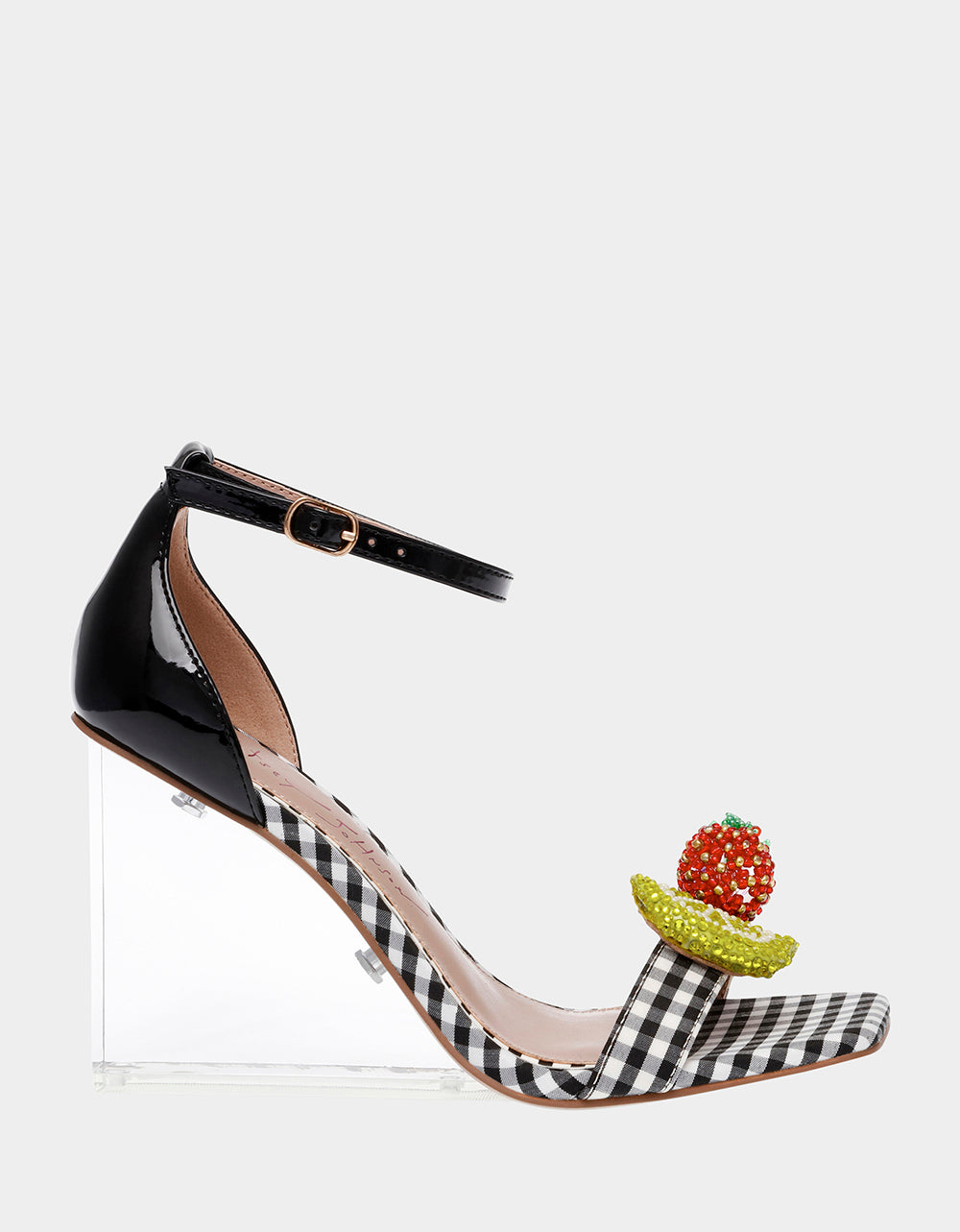 Betsey Johnson HARLEN Black Gingham Heeled Sandals with Fruit Embellishments