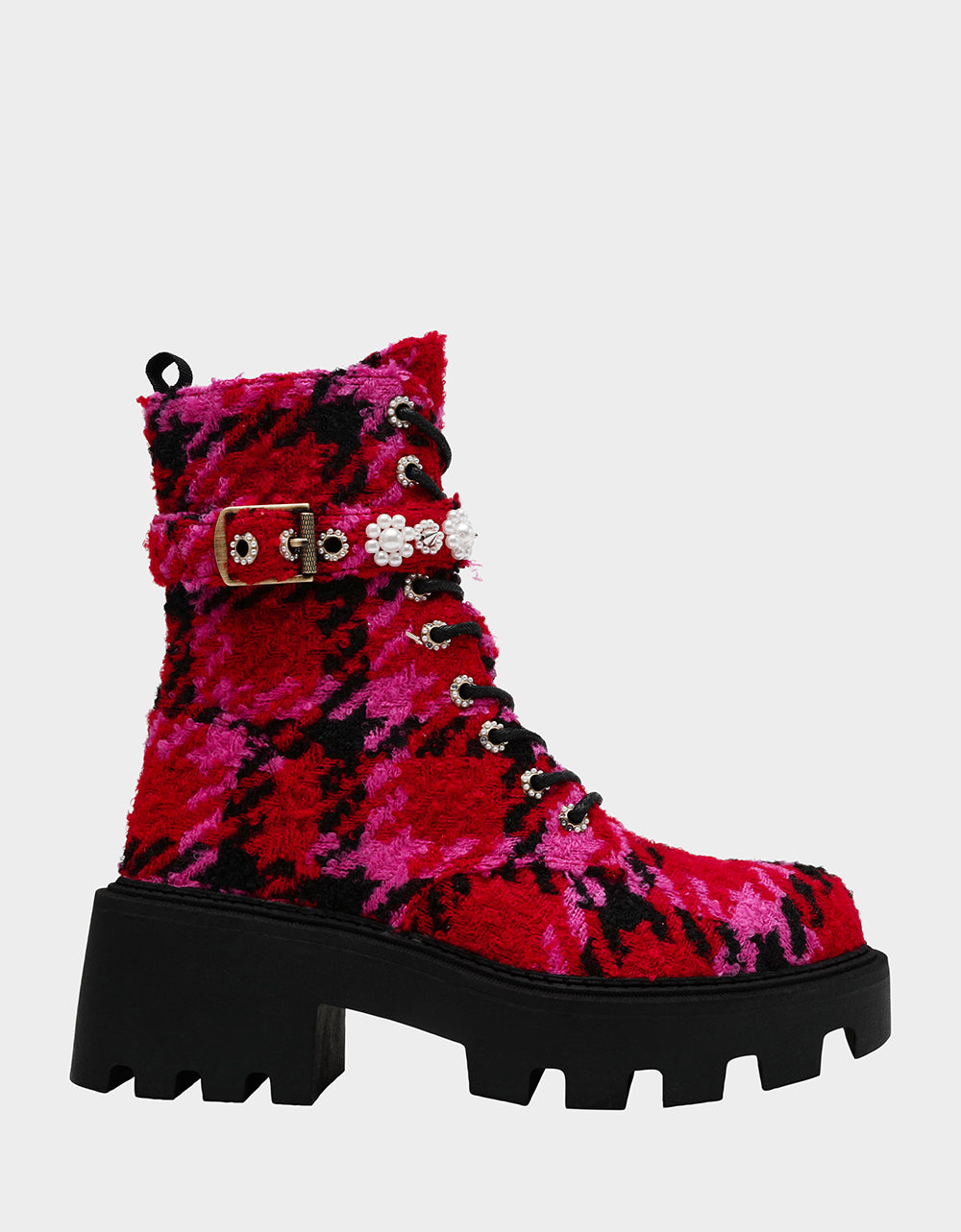 Betsey Johnson HEATHR Fuchsia Multi Combat Boots with Lugsole