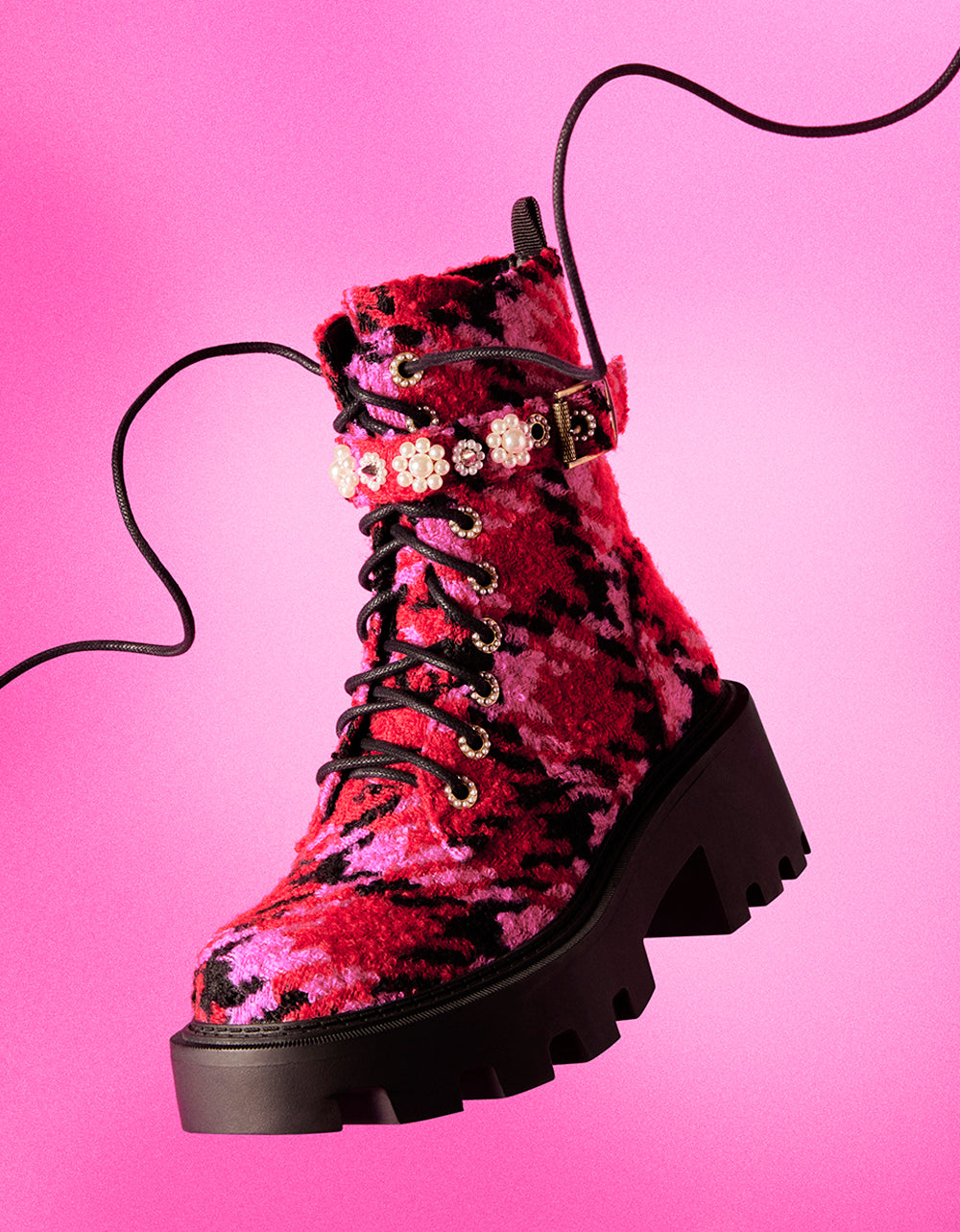 Betsey Johnson HEATHR Fuchsia Multi Combat Boots with Lugsole