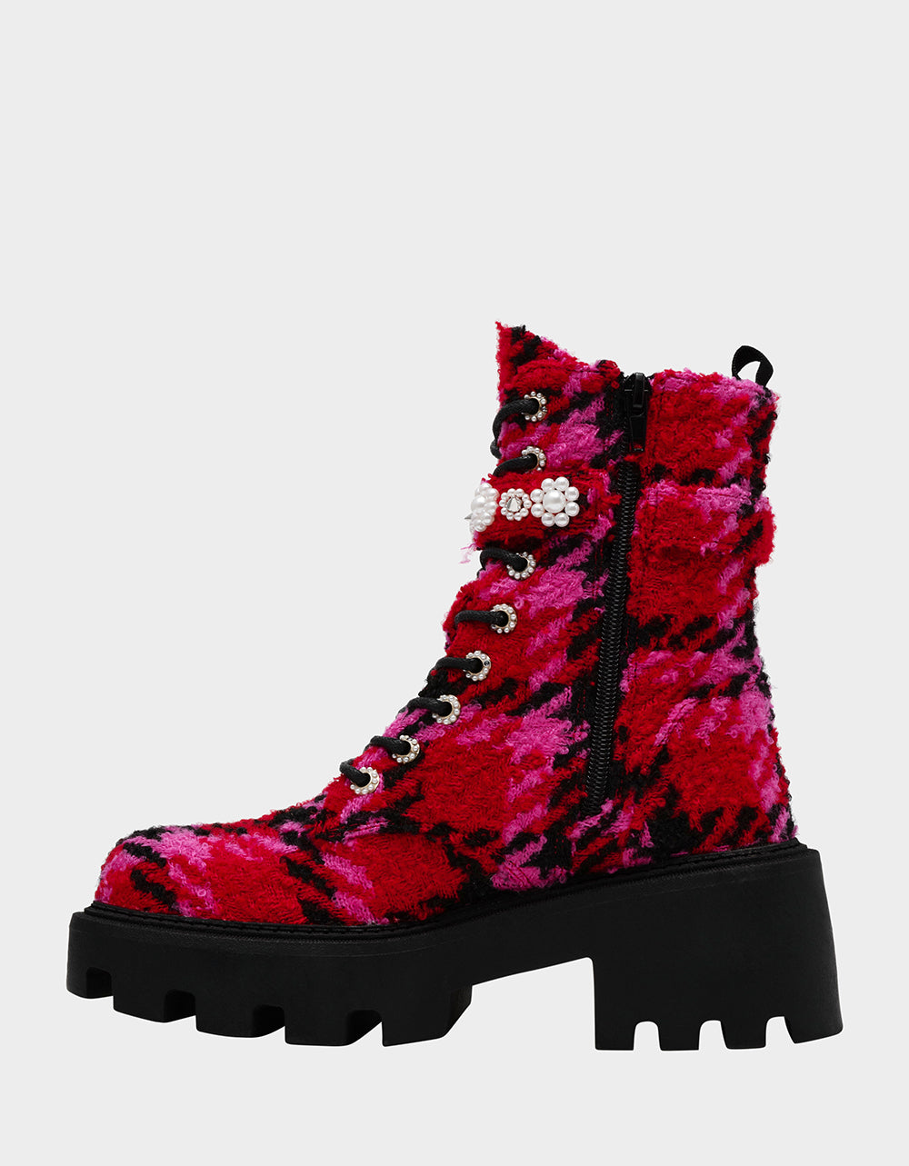 Betsey Johnson HEATHR Fuchsia Multi Combat Boots with Lugsole