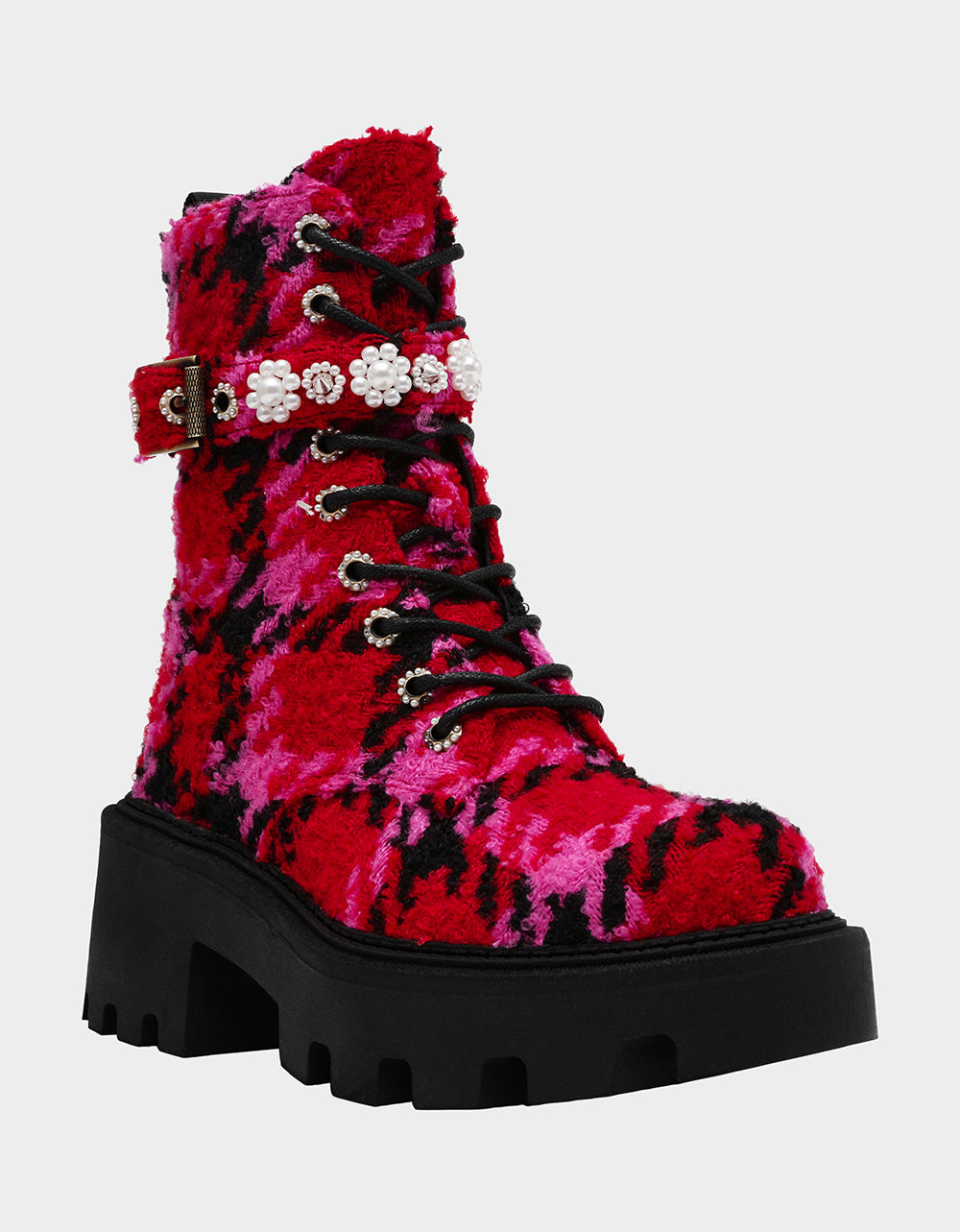 Betsey Johnson HEATHR Fuchsia Multi Combat Boots with Lugsole