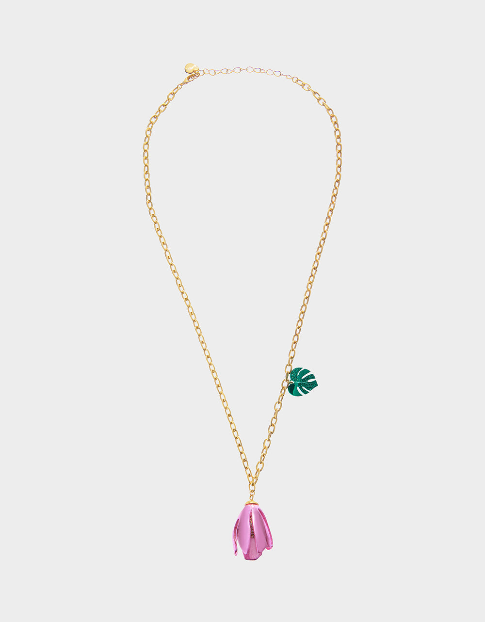 Betsey Johnson Pink Tulip Pendant Necklace with Leaf Charm