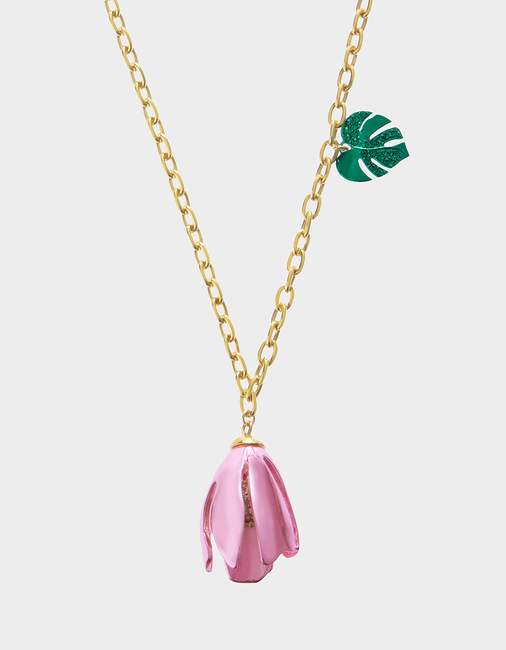 Betsey Johnson Pink Tulip Pendant Necklace with Leaf Charm