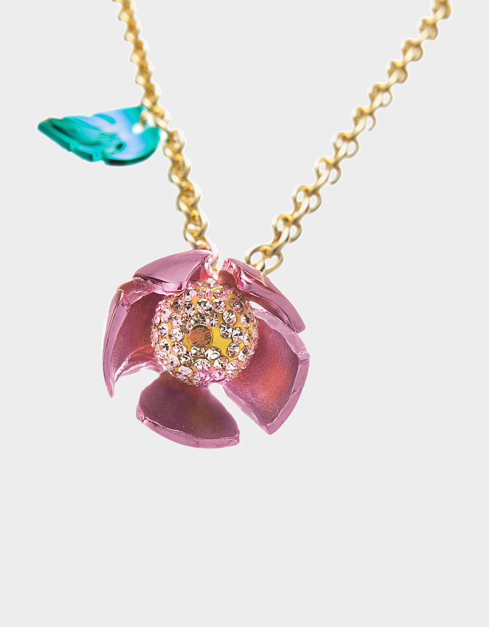 Betsey Johnson Pink Tulip Pendant Necklace with Leaf Charm