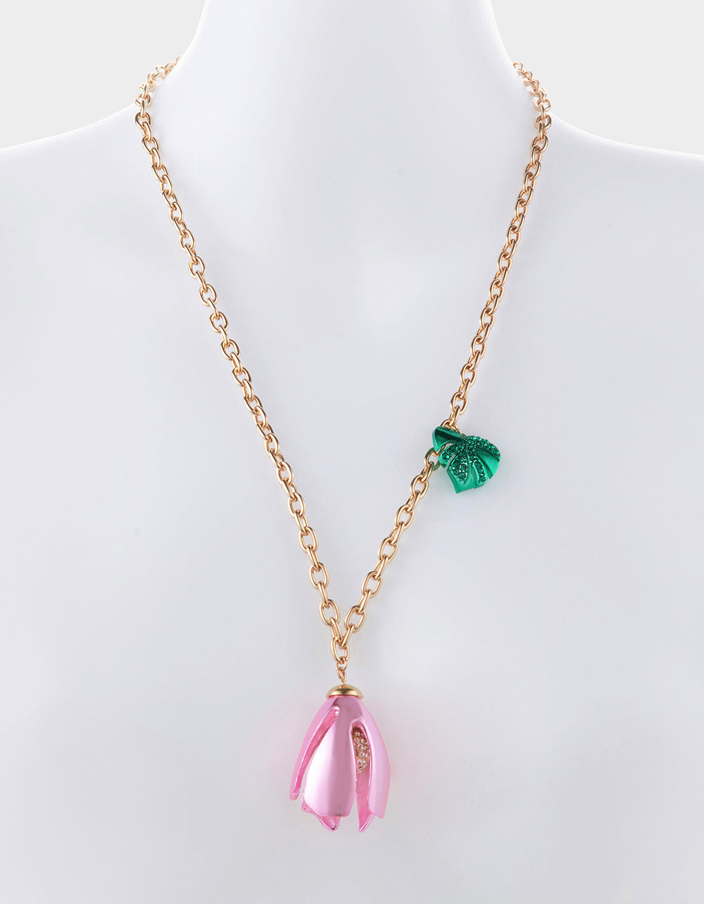 Betsey Johnson Pink Tulip Pendant Necklace with Leaf Charm