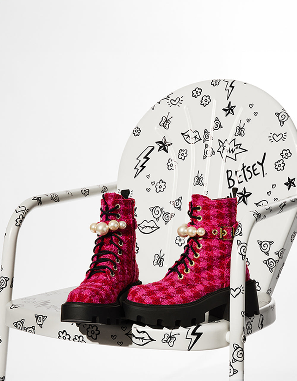 Betsey Johnson JONNIE Fuchsia Pearl Embellished Combat Boots