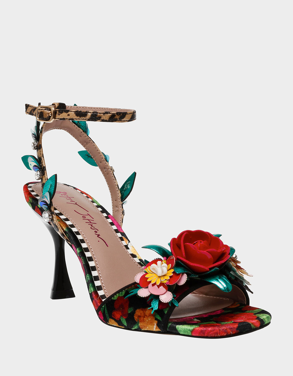 Betsey Johnson KARRA Black Rose Embellished Velvet Heels - 3.5 Inch