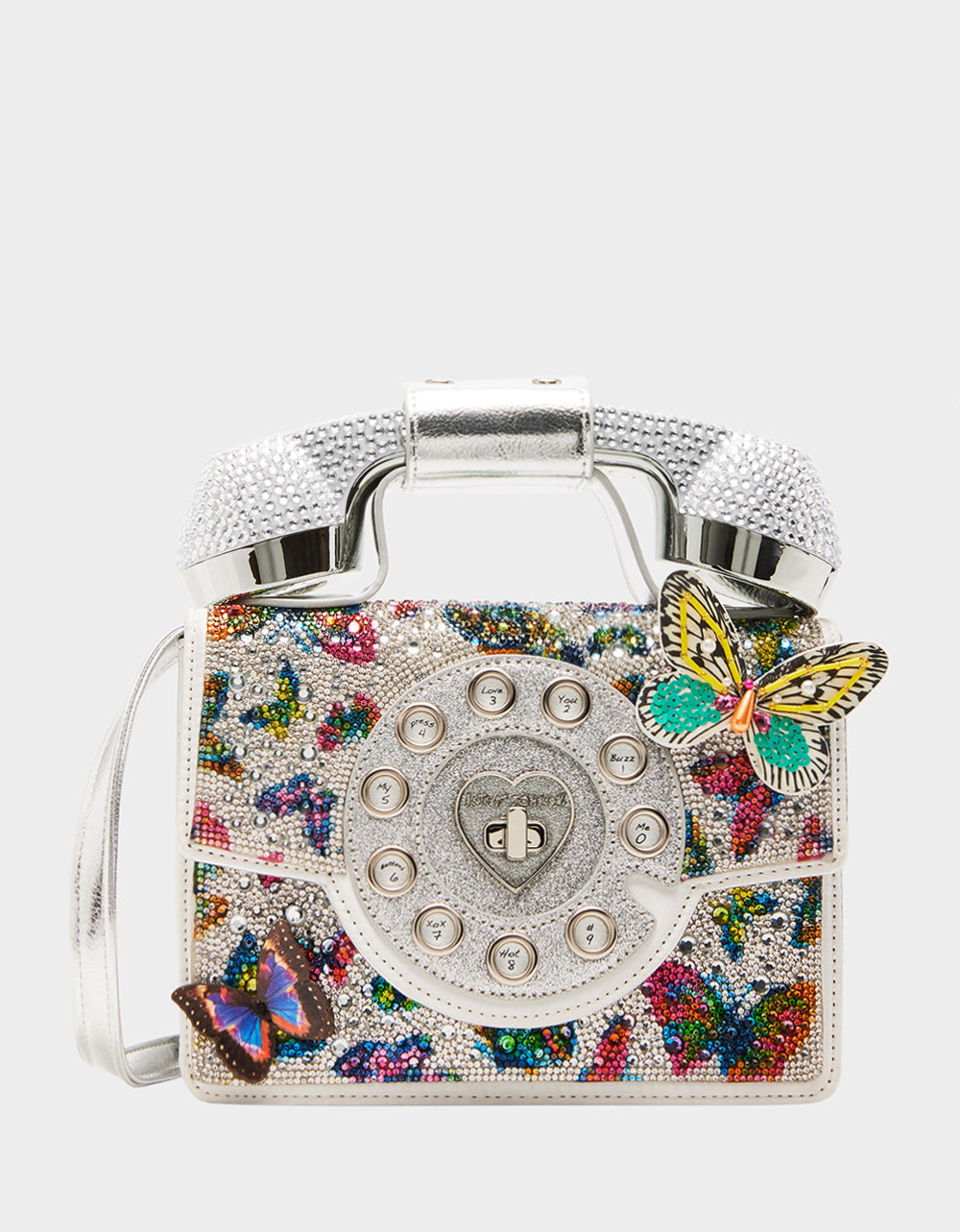 Kitsch Butterfly Rhinestone Phone Bag - Wireless Crossbody Purse Silver