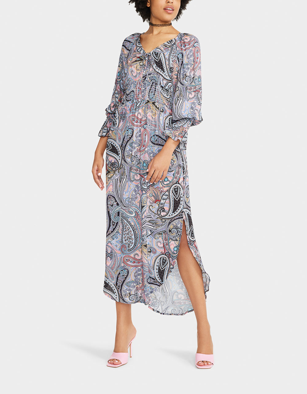 Blue Paisley Print Rayon Midi Dress - Long Sleeve Flowy Dress