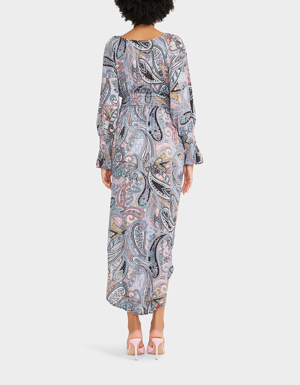 Blue Paisley Print Rayon Midi Dress - Long Sleeve Flowy Dress
