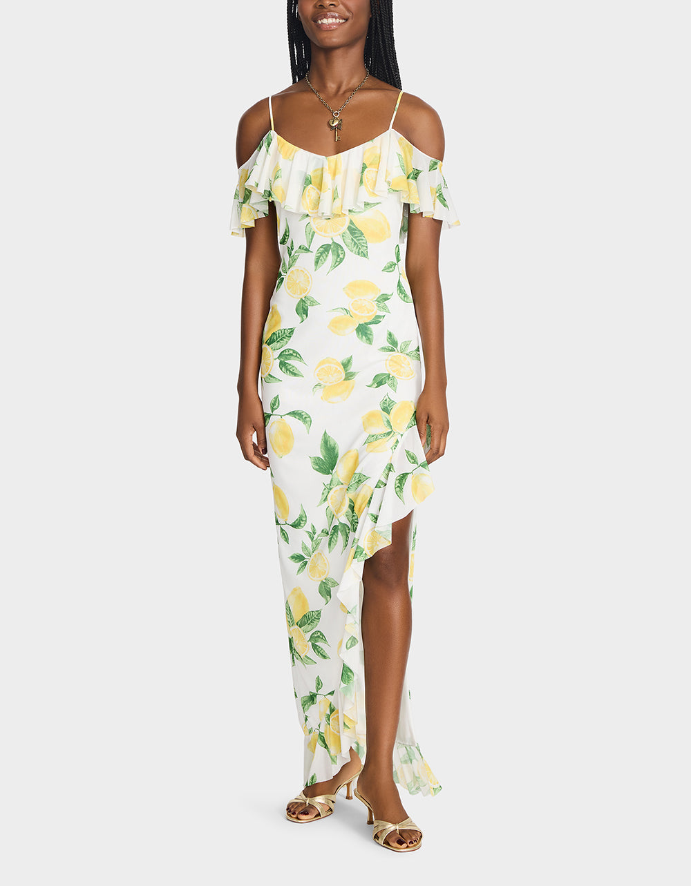 Lemon Print Cold-Shoulder Maxi Dress - Limoncello Nights