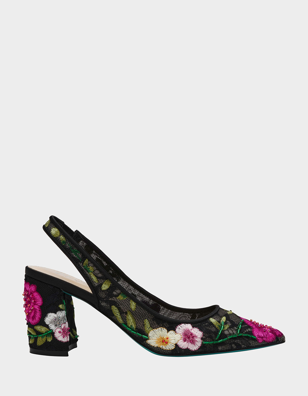 Betsey Johnson Lira Black Multi Floral Slingback Heels - 3 Inch Block Heel