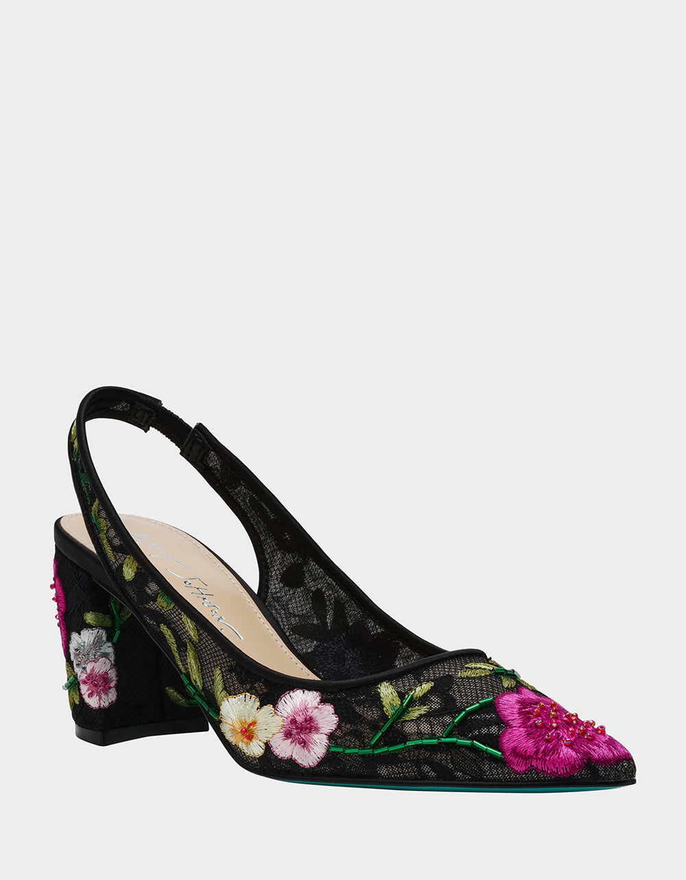 Betsey Johnson Lira Black Multi Floral Slingback Heels - 3 Inch Block Heel