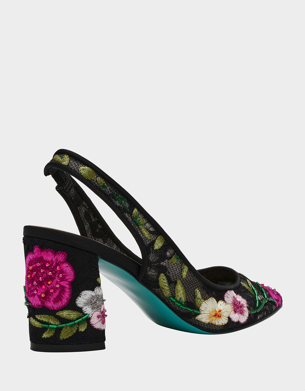 Betsey Johnson Lira Black Multi Floral Slingback Heels - 3 Inch Block Heel