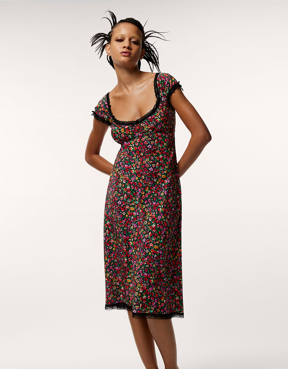 Betsey Johnson Floral Lace Trim Malibu Midi Dress - Black