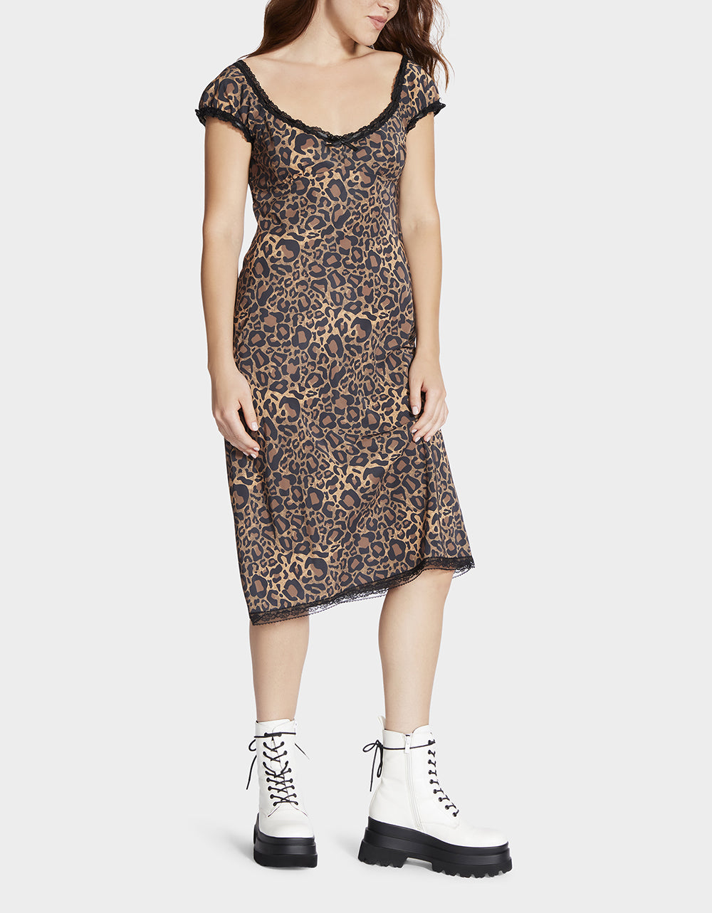 Betsey Johnson Leopard Print Malibu Midi Dress with Lace Trim