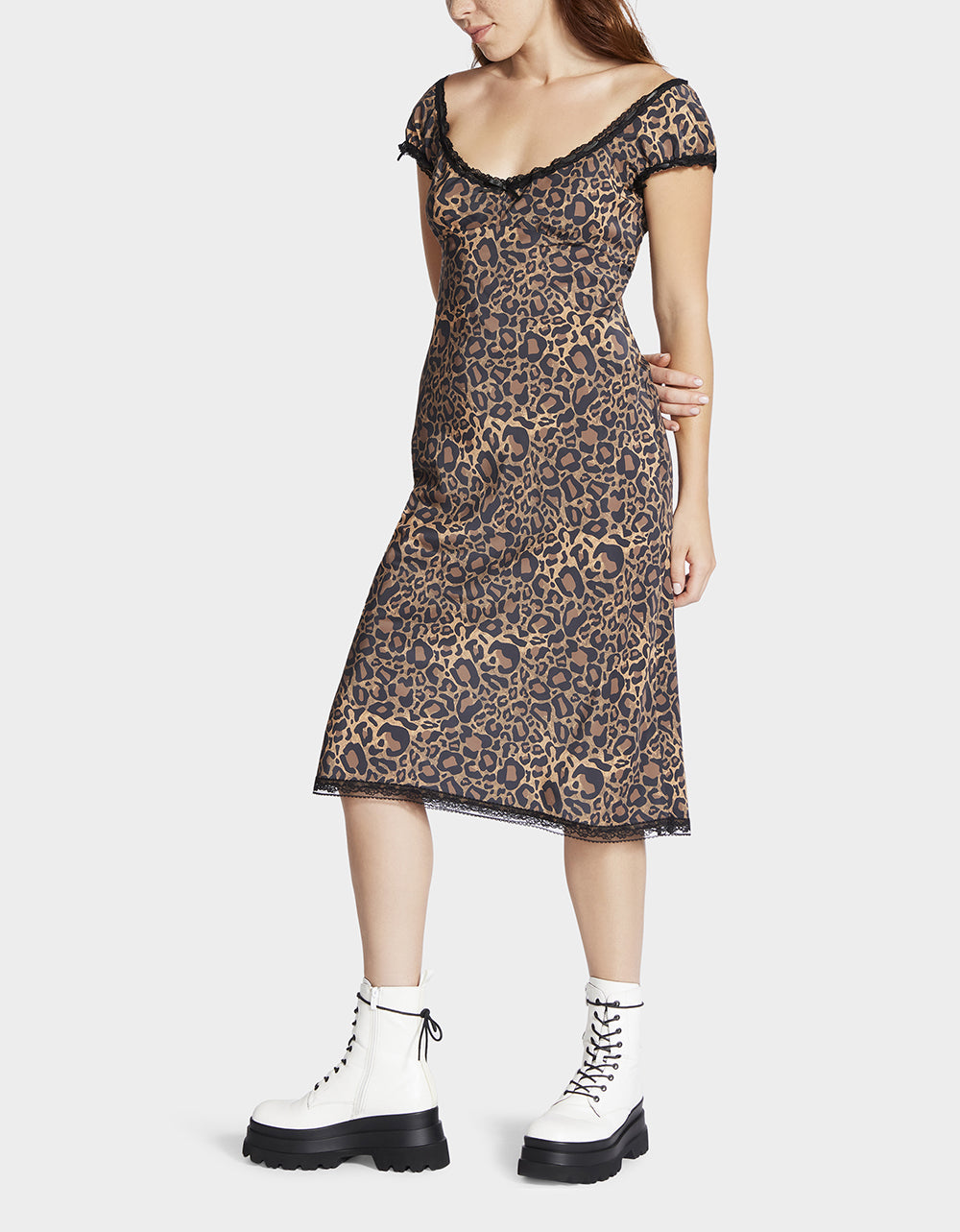 Betsey Johnson Leopard Print Malibu Midi Dress with Lace Trim