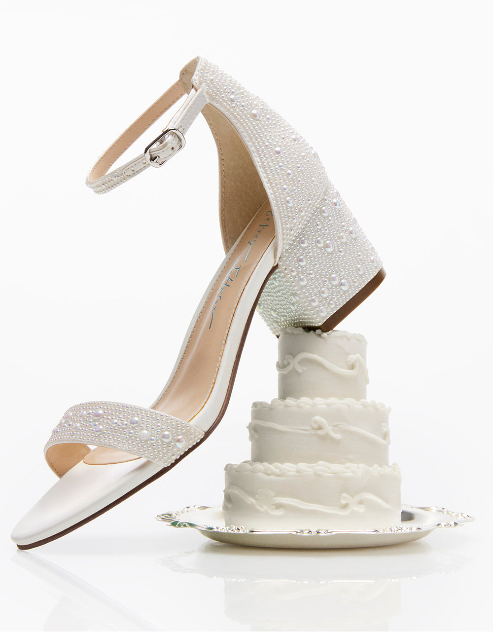 Betsey Johnson MARI Ivory Pearl Embellished Block Heel Sandals