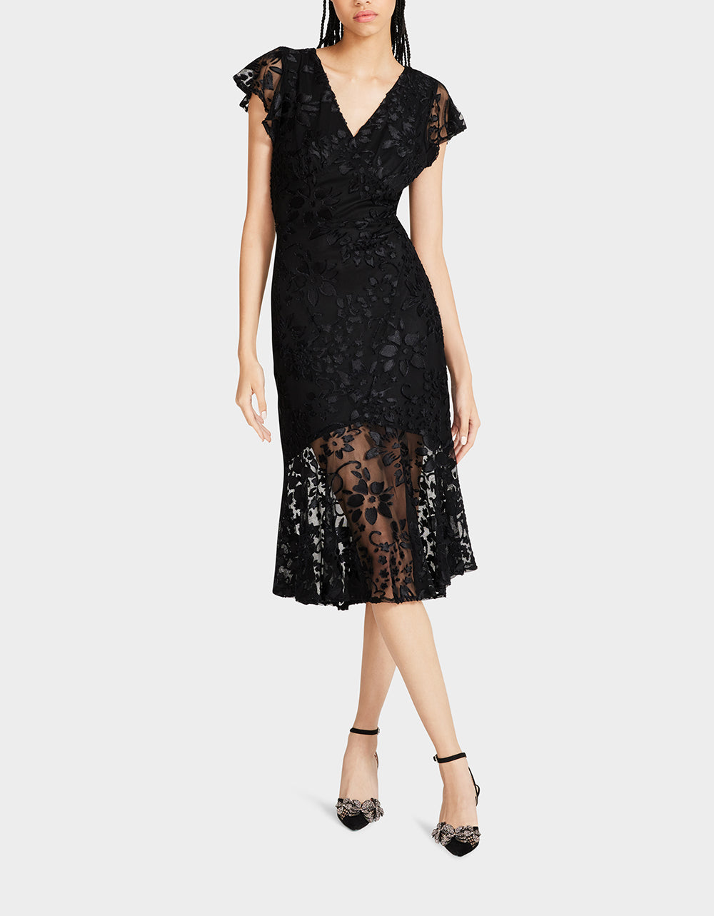 Betsey Johnson Merlin Black Lace Midi Dress Short Sleeve