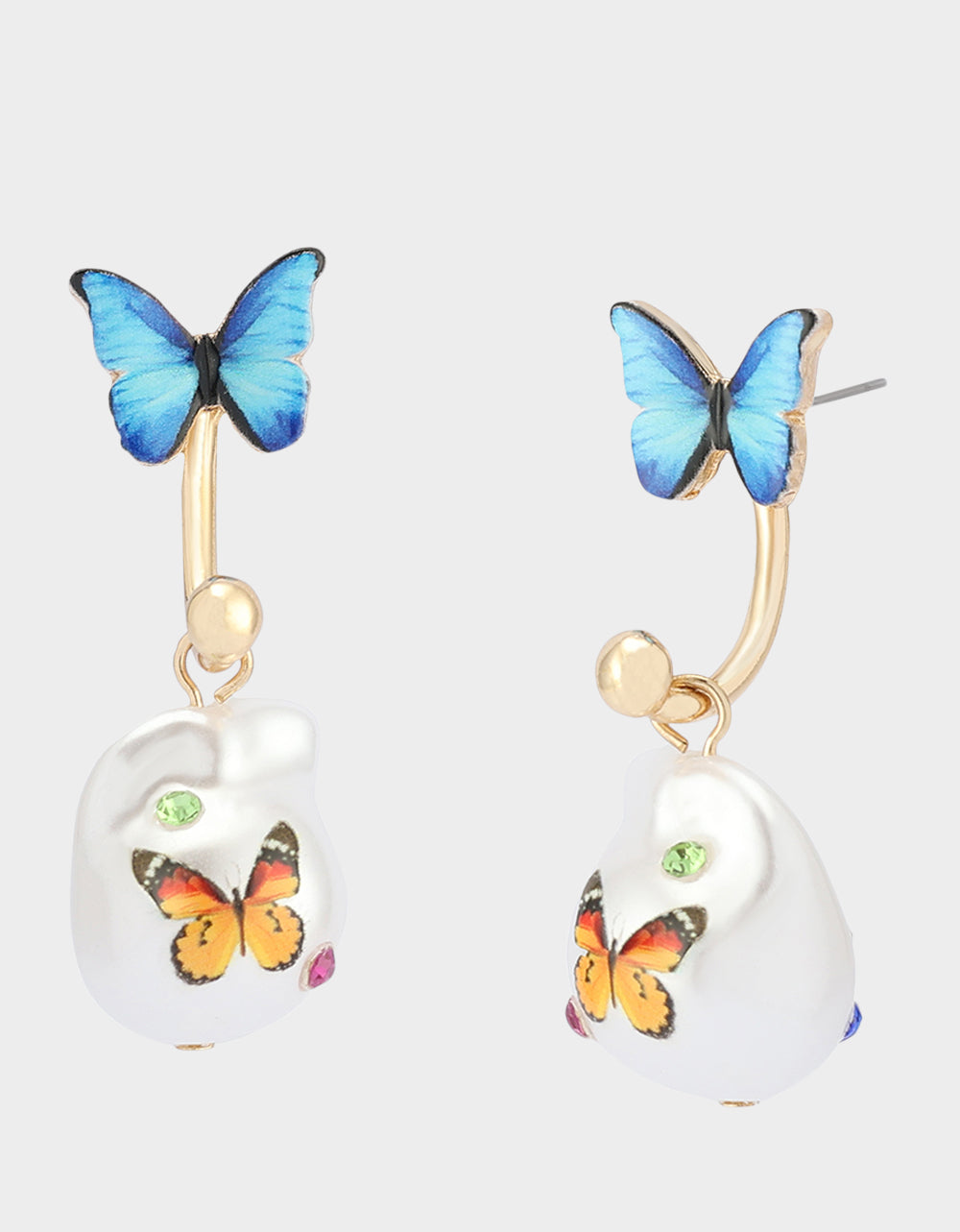 Betsey Johnson Blue Butterfly Pearl Barbell Earrings with Surgical Steel Posts