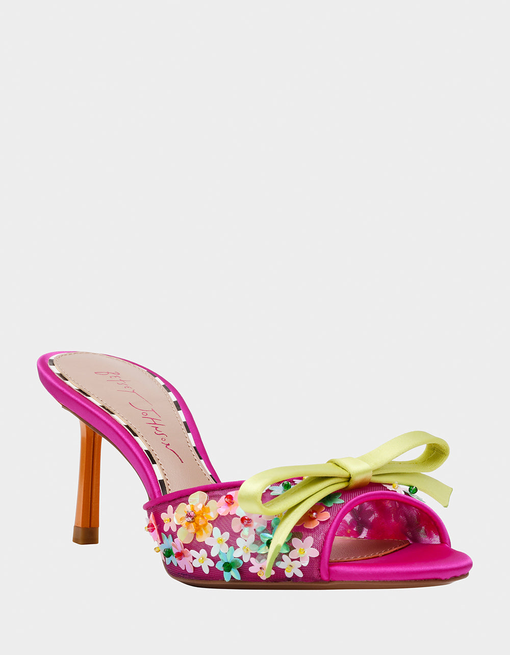 Betsey Johnson Naddia Fuchsia Multi Sequined Bow Mule Heels