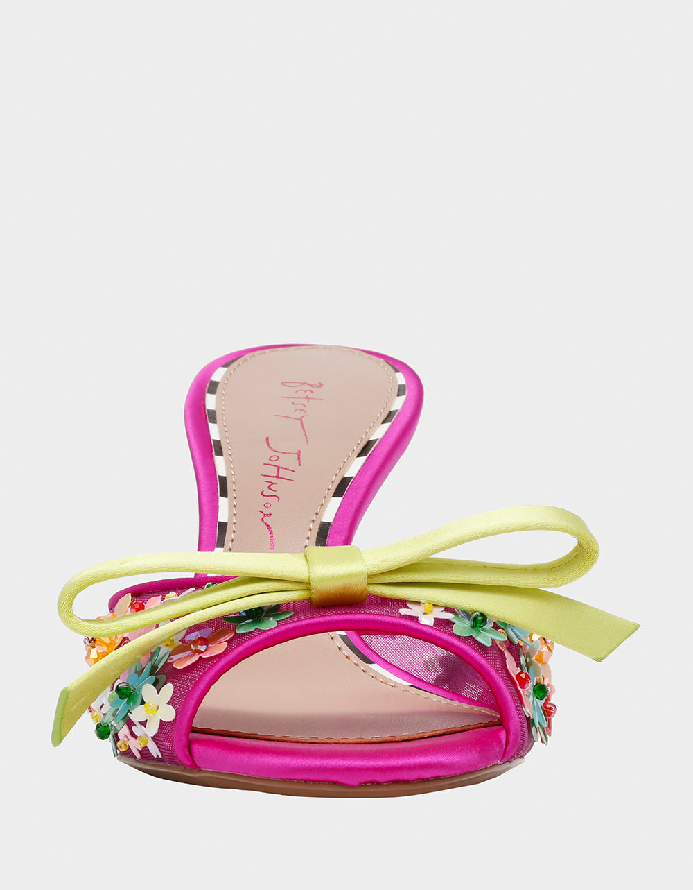 Betsey Johnson Naddia Fuchsia Multi Sequined Bow Mule Heels