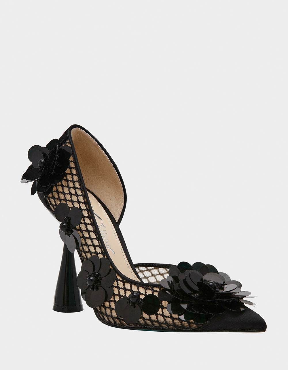 Betsey Johnson Nash Black Mesh Heels with Floral Embellishments