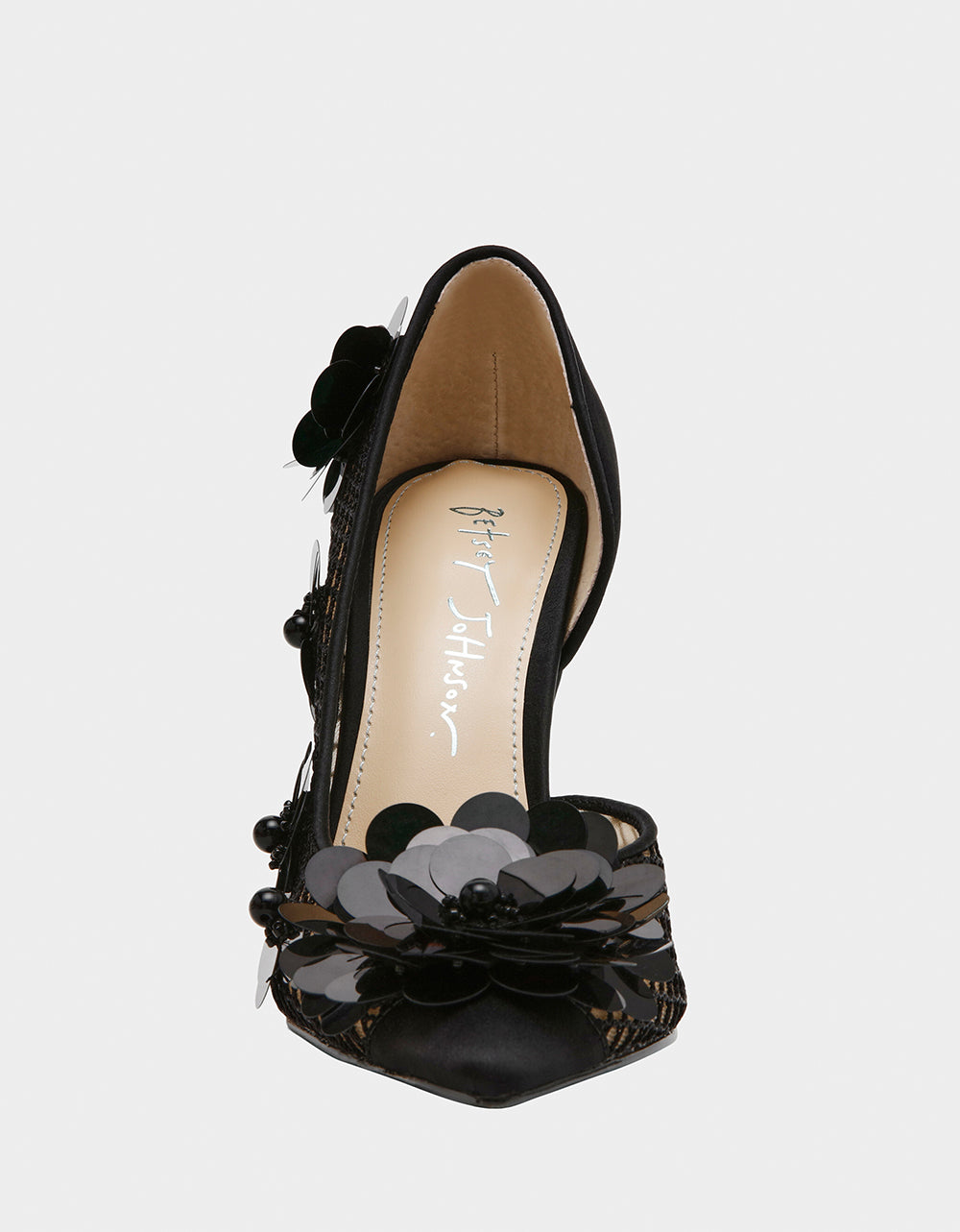 Betsey Johnson Nash Black Mesh Heels with Floral Embellishments