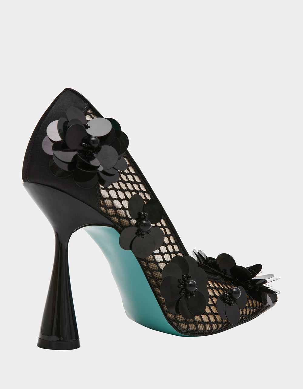 Betsey Johnson Nash Black Mesh Heels with Floral Embellishments